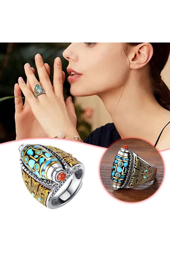 Turquoise Dzi Bead Ring Tibetan Six Character Mantra Rotating Feng Shui Meditation Jewelry For Men Women Good Luck Accessory