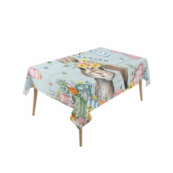 Turquoise Easter Bunny Rectangle Tablecloth, Spring Easter Eggs Floral Wooden Waterproof & StainResistant Tablecloth, Washable Oil-proof Table Cover for Dining/Party/Wedding/Camping/Buffet 60x120 In