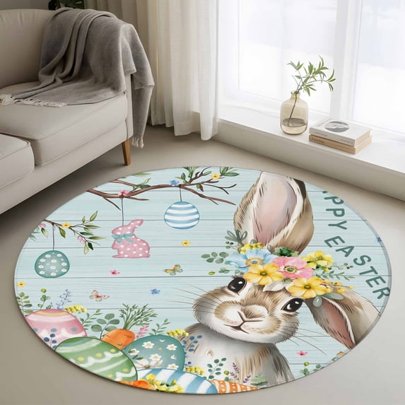 Turquoise Easter Bunny Round Area Rug 4Ft Washable Circle Rugs for Bedroom Dining Room, Spring Easter Eggs Floral Wooden Non-Slip Carpet Floor Mats Indoor Outdoor Carpet Runner Aesthetic Home Decor