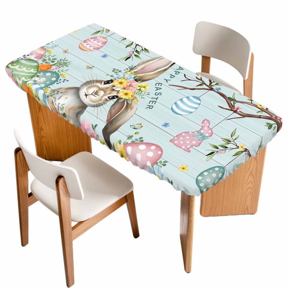 Turquoise Easter Bunny Table Cloths for 6 Foot Rectangle Tables, Spring Easter Eggs Floral Wooden Patio Waterproof Elastic Fitted Tablecloths, Washable Rectangular Table Cover for Camping