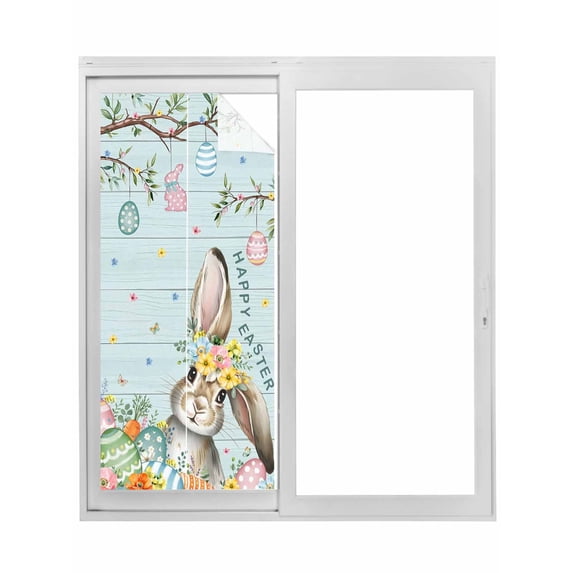 Turquoise Easter Bunny Window Privacy Film, Spring Easter Eggs Floral Wooden Static Cling UV Sun Blocking Tint Film Heat Control Windows Films for Bedroom Bathroom, Window Stickers 29.5"x78.7"