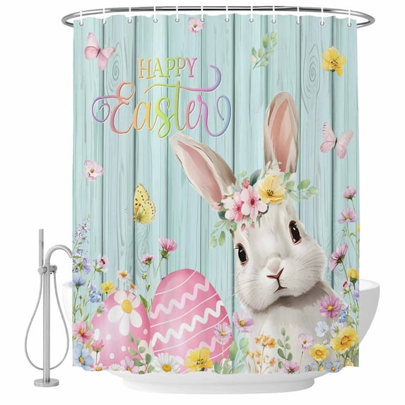 Turquoise Easter Shower Curtain, Waterproof Shower Curtains for Bathroom, Spring Easter Bunny Eggs Floral Wooden Washable Fabric Bathtub Curtain Set Bath Decor with 12 Hooks 72"x78"