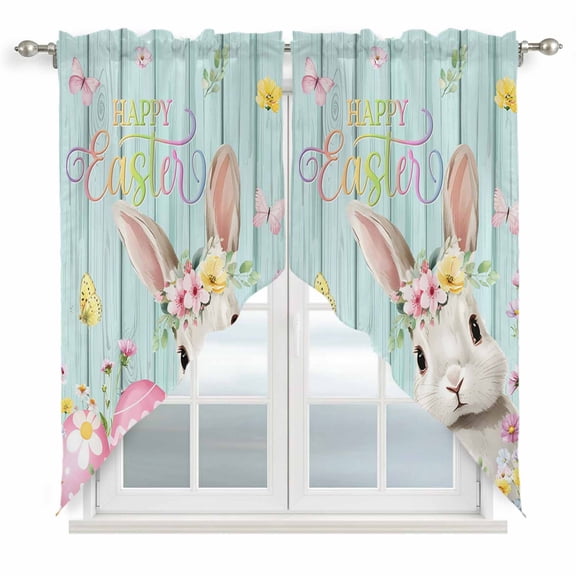 Turquoise Easter Swag Valances for Windows, Kitchen Curtains 36 Inch Length 2 Panels Set, Spring Easter Bunny Eggs Floral Wooden Short Curtains for Small Windows Rod Pocket Cafe Curtains 28"x36"