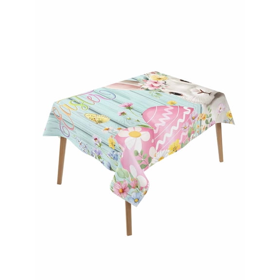 Turquoise Easter Table Cloth, Waterproof Tablecloth for Rectangle Tables, Spring Easter Bunny Eggs Floral Wooden Reusable Washable Fabric Table Cover for Restaurant Kitchen Dining Tables 52"x70"