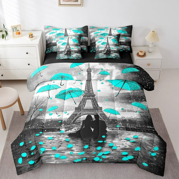 Turquoise Eiffel Tower Comforter Set King Size,French Paris Bed in a Bag for Couple Lovers Women,Romantic Valentine's Day Gifts Bed Set,Rain of France Reversible Bed Sets with Sheet Set