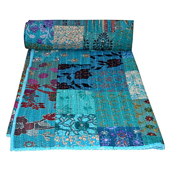 Turquoise Embroidered Assorted Patchwork Recycled Indian Sari Blanket, Handmade Kantha Quilt, Bedding Throw, Bedspread, Gift