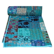 Turquoise Embroidered Assorted Patchwork Recycled Indian Sari Blanket, Handmade Kantha Quilt, Bedding Throw, Bedspread, Gift