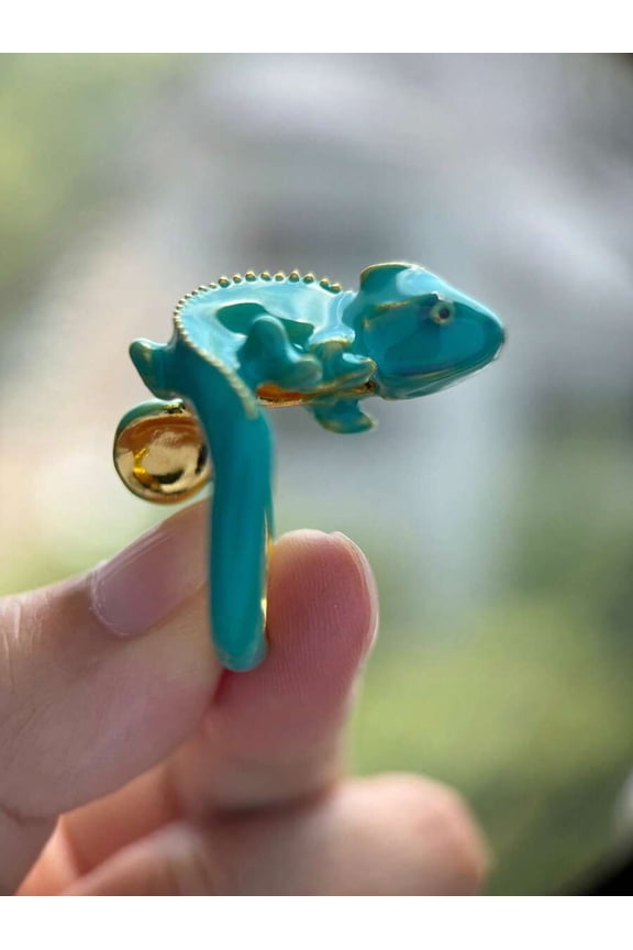 Turquoise Enamel Chameleon Ring, Unisex Fashion Animal Jewelry, Adjustable Size, Party Accessory