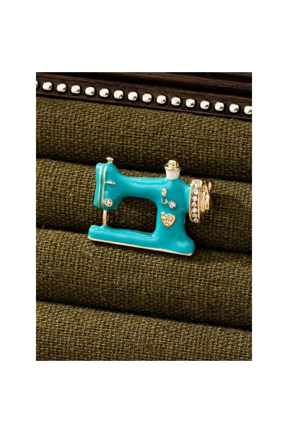 Turquoise Enamel Rhinestone Sewing Machine Brooch In Goldtone, One-Size Fashion Accessory