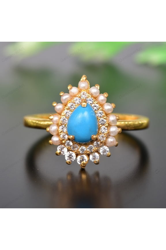 Turquoise Engagement Ring Pearl Ring Rose Gold Pear Shape Gemstone Multitone Cluster Flower Antique Ring Blue Gemstone December Birthstone