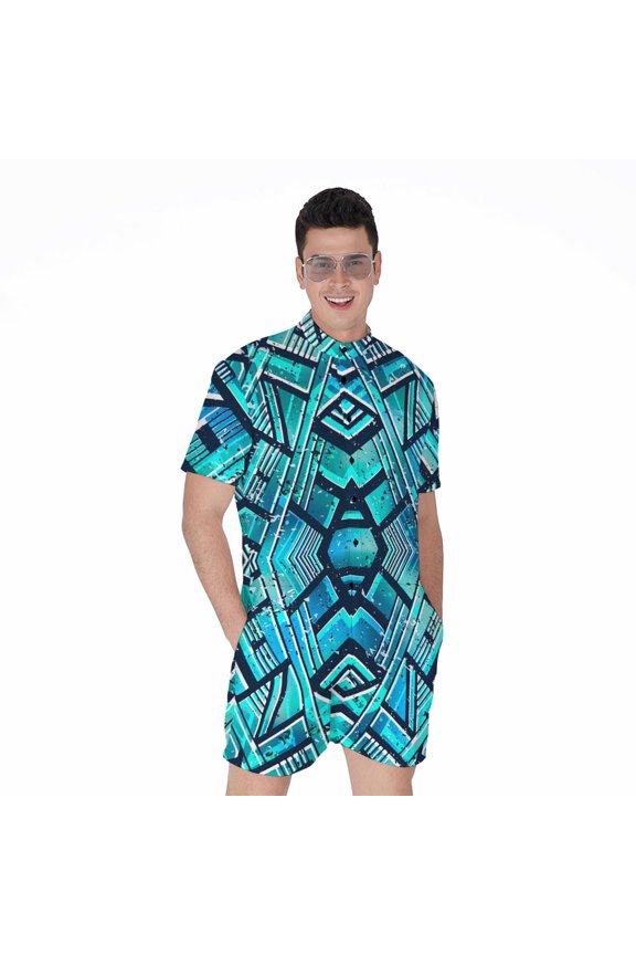 Turquoise Ethnic Aztec Trippy Short Sleeve Men'S Rompers, Ethnic Casual Summer Jumpsuits Outfit