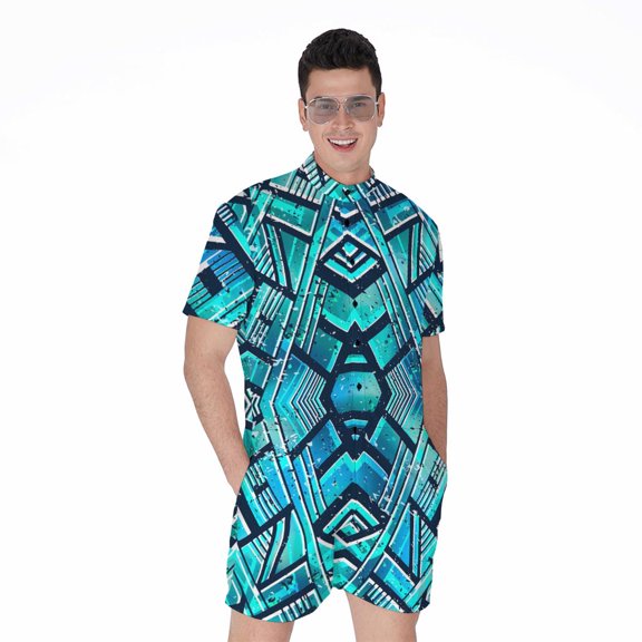 Turquoise Ethnic Aztec Trippy Short Sleeve Men'S Rompers, Ethnic Casual Summer Jumpsuits Outfit