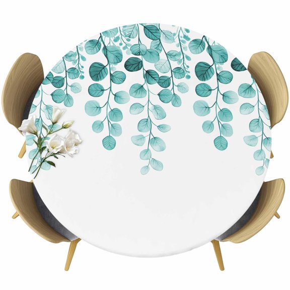 Turquoise Eucalyptus Leaves Round Tablecloth 36-44 Inch Round Fitted Table Cloth with Elastic Edge, Watercolor Floral Leaf Waterproof Table Cover Protector for Outdoor Picnic Party Dining