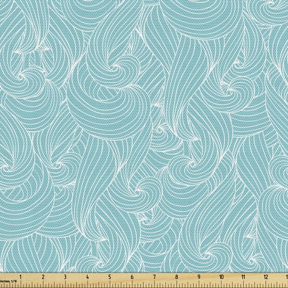 Ambesonne Turquoise Fabric by the Yard Upholstery, Sea Inspired Lines, 10 Yards, Pale Blue White