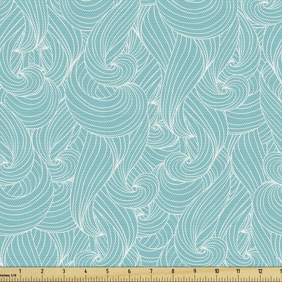 Ambesonne Turquoise Fabric by the Yard Upholstery, Sea Inspired Lines, 3 Yards, Pale Blue White