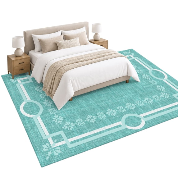 Turquoise Farmhouse Area Rug 6'x9', Linen Texture Geometric Lines ...