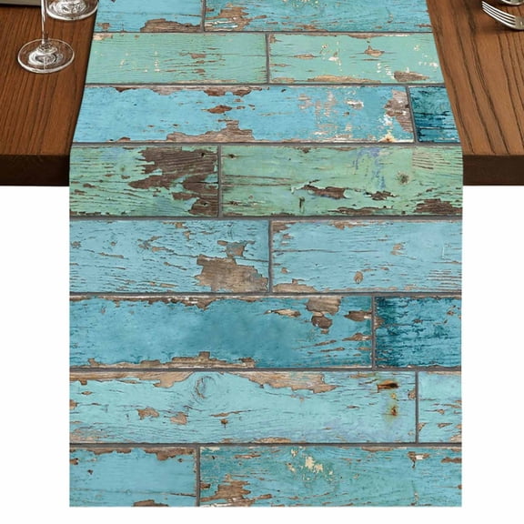 Turquoise Farmhouse Burlap Cotton Table Runner 13x48 Inches Long, Vintage Teal Wooden Farmhouse Table Runners, Outdoor Dining Table Decor for Baby Shower/Party/Wedding