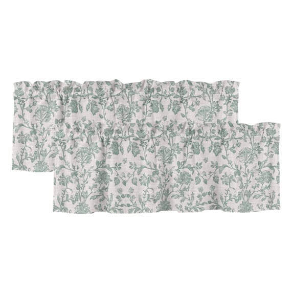 Turquoise Farmhouse Curtain Valances for Windows, Kitchen Valance Window Treatments Panel 2 Pack, Vintage Flower Leaf Botanical Plant Rod Pocket Short Curtains for Bathroom Bedroom 42 x 12 Inch