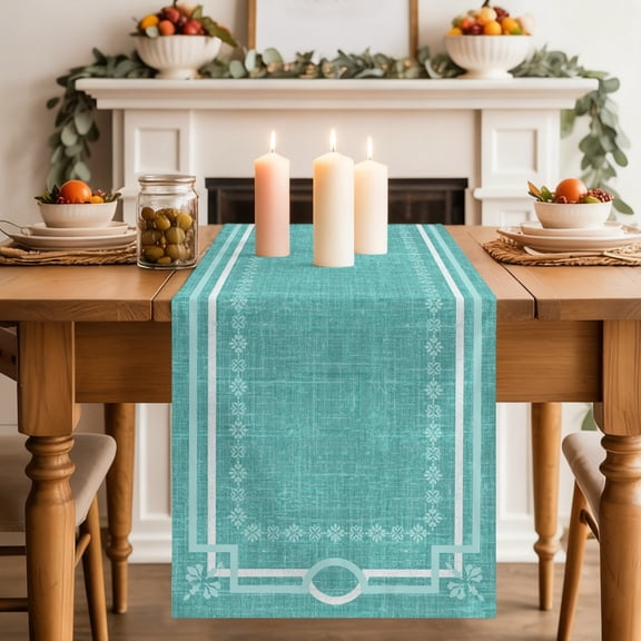 Turquoise Farmhouse Dining Table Runner, Linen Texture Geometric Lines Floral Boho Washable Table Runners Kitchen Coffee Table Center Decor for Home Party Holiday Wedding 13 x 36 Inches