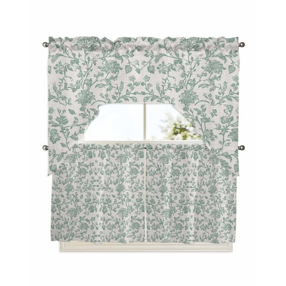 Turquoise Farmhouse Kitchen Curtains Swag Valance and Tier Curtains Set 24 Inch Length, Vintage Flower Leaf Botanical Plant Rod Pocket Drape Panels Pair Swag Curtains for Bathroom/Cafe/Window