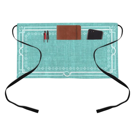 Turquoise Farmhouse Kitchen Restaurant Half Waist Apron, Linen Texture Geometric Lines Floral Boho Server Short Apron with 3 Pockets Waterproof Oil Waist Aprons for Women Waitress Waiter