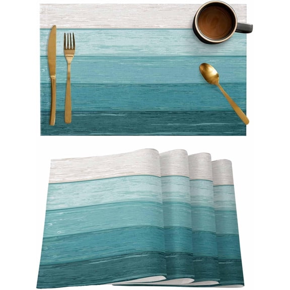 Turquoise Farmhouse Placemats for Dinning Table Set of 6,Burlap Kitchen Place Mats Waterproof Cloth Table Mats,Indoor Outdoor Placemats Easy Clean Decor Country Vintage Stripe Minimalist Geometric