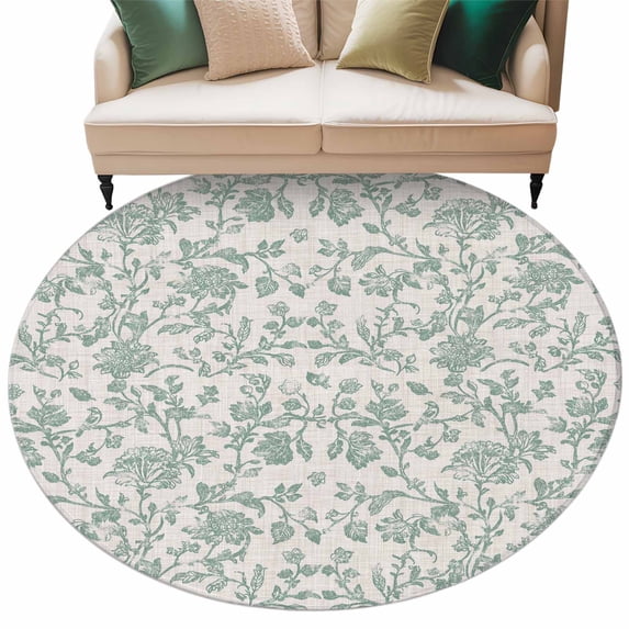 Turquoise Farmhouse Round Area Rug 5ft Washable Large Round Rug for Living Room, Soft Circle Rugs for Dining Room, Vintage Flower Leaf Botanical Plant Floor Carpet for Bedroom Entryway Office