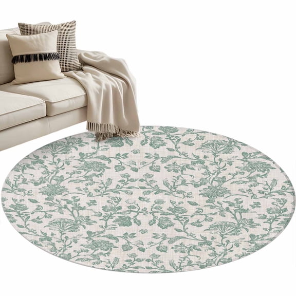 Turquoise Farmhouse Round Rug 3ft Area Rug Washable Soft Non-Slip 3' Circle Low Pile Rugs Vintage Flower Leaf Botanical Plant Carpet for Bedroom Living Room Entryway Home Office Dining Room