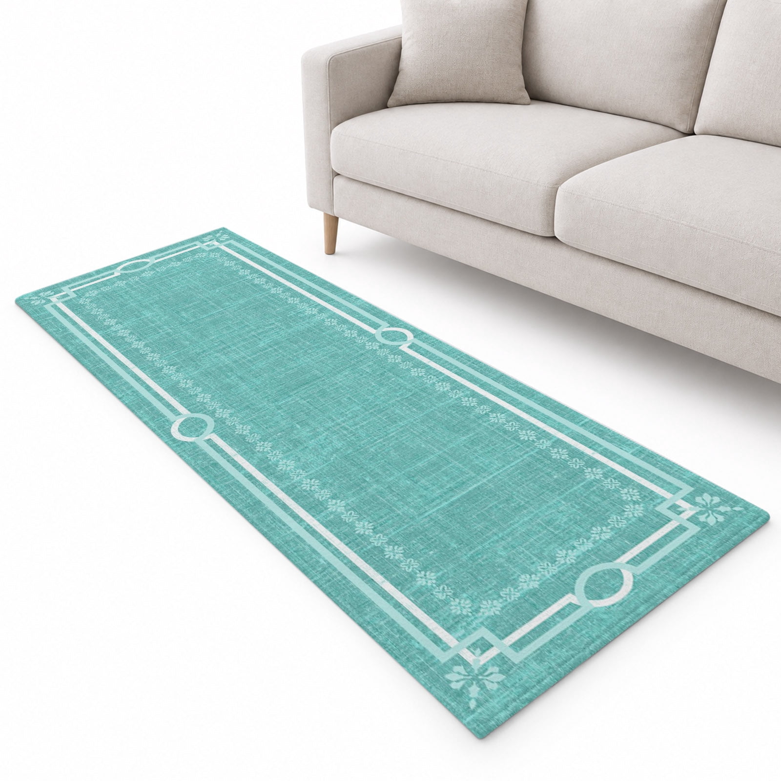 Turquoise Farmhouse Runner Rug 2.6'x10', Linen Texture Geometric Lines ...