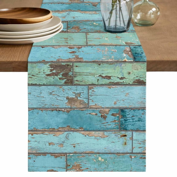 Turquoise Farmhouse Table Runner, Vintage Teal Wooden Washable Cotton Linen Table Runners 36 Inches Long, Dresser Scarf Runner for Nightstand/End Tables/Round Tables 13''x36''