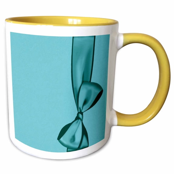 3drose, Turquoise Faux Satin Bow on Turquoise Grunge Damask Background, 15oz Two-tone Yellow Mug