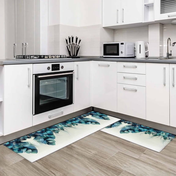Turquoise Feather 2 Pieces Non-Slip Kitchen Mat Set Abstract Beige Peacock Feather Soft Door Mat with Rubber Backing,Dirtproof Rugs for Entrance Doorway 15.7x23.6in+15.7x47.2in