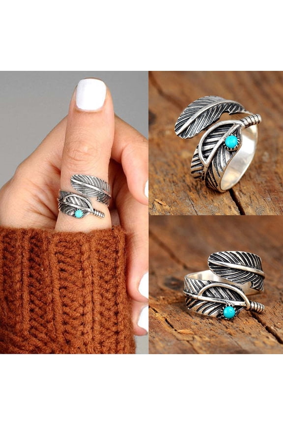 Turquoise Feather Adjustable Ring, Rvkxad Boho Spiritual Jewelry Represents Beginnings, Meaningful Wisdom Honor Symbol Adjustable Size Ring for Women