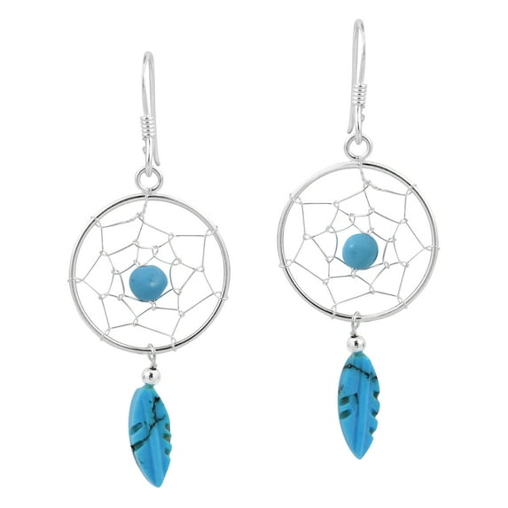 Turquoise Feather Beaded Dreamcatcher Sterling Silver Dangle Earrings