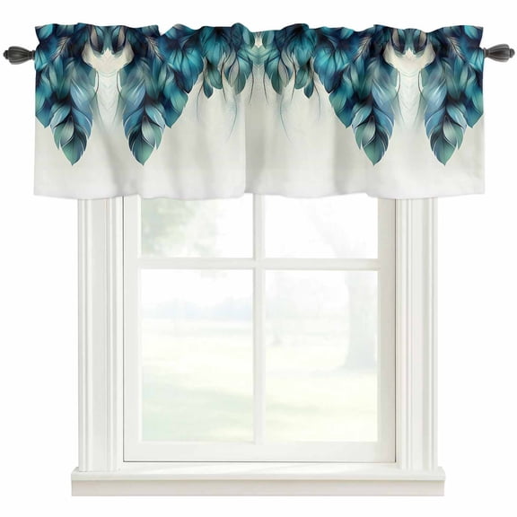 Turquoise Feather Kitchen Valances for Windows, Abstract Beige Peacock Feather Bathroom Window Valances 60x18 Inch Rod Pocket Window Treatments Valance Curtains for Living Room Bedroom Decor