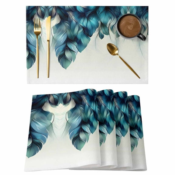 Turquoise Feather Placemats Set of 12 Abstract Beige Peacock Feather Place Mats Indoor Wipeable Table Mats Washable Cloth Dining Table Placemats for Kitchen Holiday Party Home Decor 13x19 Inch