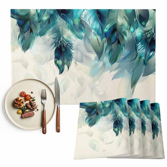 Turquoise Feather Placemats Set of 6, Farmhouse Rustic Modern Beige Washable Wipeable Table Mats for Dining Tables, Indoor Outdoor Kitchen Place Mats for Holiday Party Table Decor