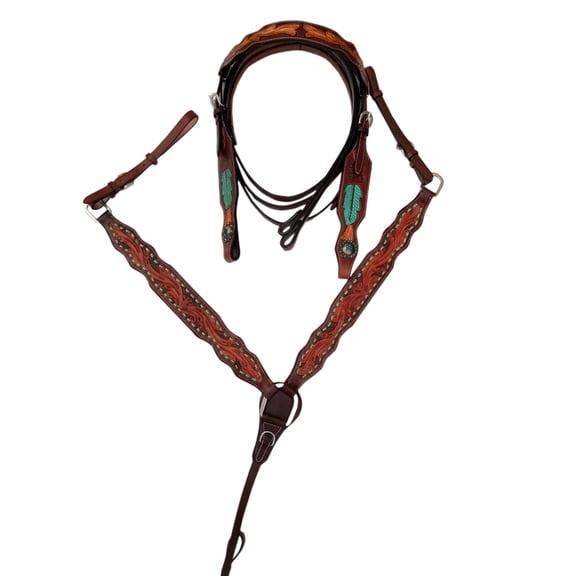 Brown Leather Western Horse Tack Set Headstall & Breast Collar Floral Tooled Turquoise Feather Accents