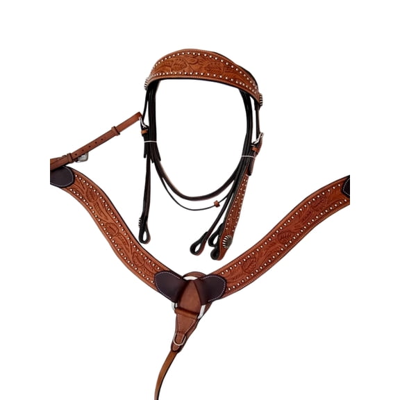 Tan Leather Western Headstall & Breast Collar Set Floral Tooled Horse Tack Studded Accents