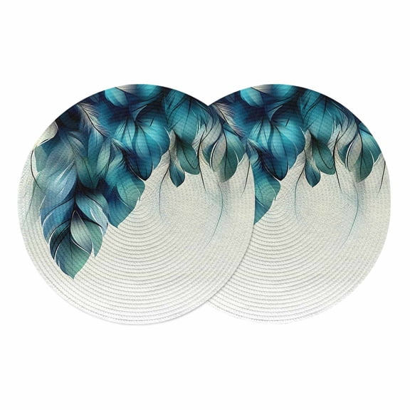 Turquoise Feather Round Placemats Set of 2 Abstract Beige Peacock Feather Place Mats Indoor Woven Table Mats Washable Heat-Resistance Braided Dining Table Placemats for Kitchen Party Decor 13 Inch