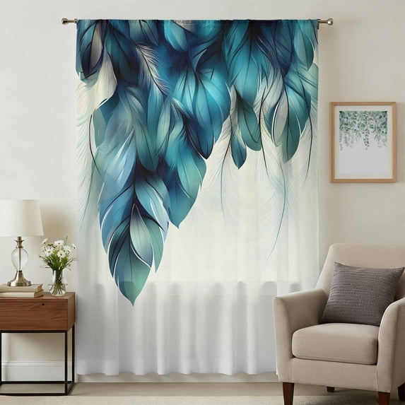 Turquoise Feather Sheer Curtains 45 Inches Long, Abstract Beige Peacock Feather Light Filering Curtains, Breathable Simi Curtain Privacy Drapes for Kitchen Bathroom Lightweight Small Window Treatment
