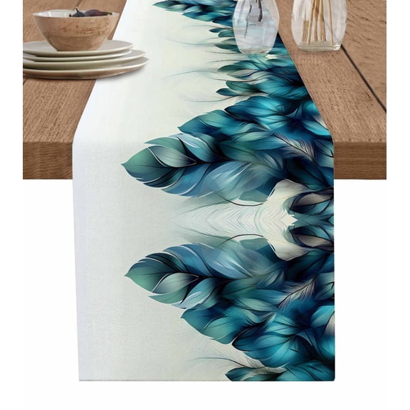 Turquoise Feather Table Runner 36 Inches, Abstract Beige Peacock Feather Bed Runner Dresser Scarves Tabletop for Indoor Outdoor Parties/Ceremony/Banquet, 13"x 36"