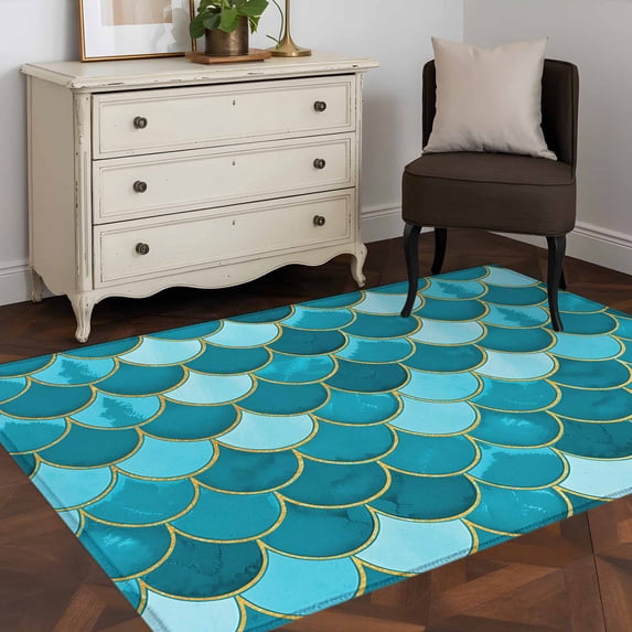 Turquoise Fish Scales 4x6 Rug for Dining Table for 4 People Under Table ...