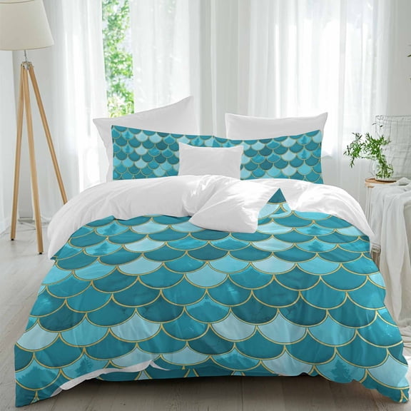 Turquoise Fish Scales Queen Size Comforter Set, Ombre Fish Tail Abstract Art Vintage Bedding for All Seasons, 4 Pcs Bed Set, 1Quiltcover (90"x92") ,1Sheet(94"x116"), 2Pillowcases (30"x20")