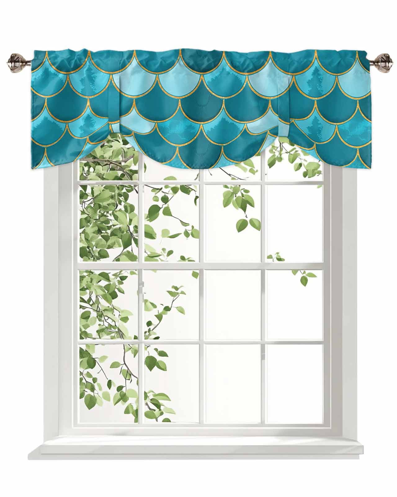 Turquoise Fish Scales Tie Up Valances Curtain, Adjustable Kitchen Ombre Fish Tail Abstract Art Vintage Valances for Windows Decor, Rod Pocket Short Curtains Set for Bedroom/Bathroom, 54"x18"