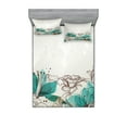 thumbnail image 1 of Turquoise Fitted Sheet & Pillow Sham Set, Retro Floral Background Hibiscus Silhouettes Dramatic Romantic Nature Art, Decorative Printed 6 Piece Bedding Decor Set, Calking, Beige Teal, by Ambesonne, 1 of 3