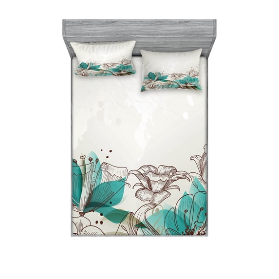 Turquoise Fitted Sheet & Pillow Sham Set, Retro Floral Background Hibiscus Silhouettes Dramatic Romantic Nature Art, Decorative Printed 6 Piece Bedding Decor Set, Calking, Beige Teal, by Ambesonne
