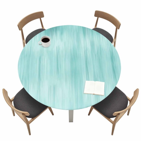Turquoise Fitted Tablecloth with Elastic Edged, Round Table Cloth for Dining Table, Modern Abstract Art Ombre Striped Waterproof Oil Proof Table Cover for Indoor Outdoor 36"-44"