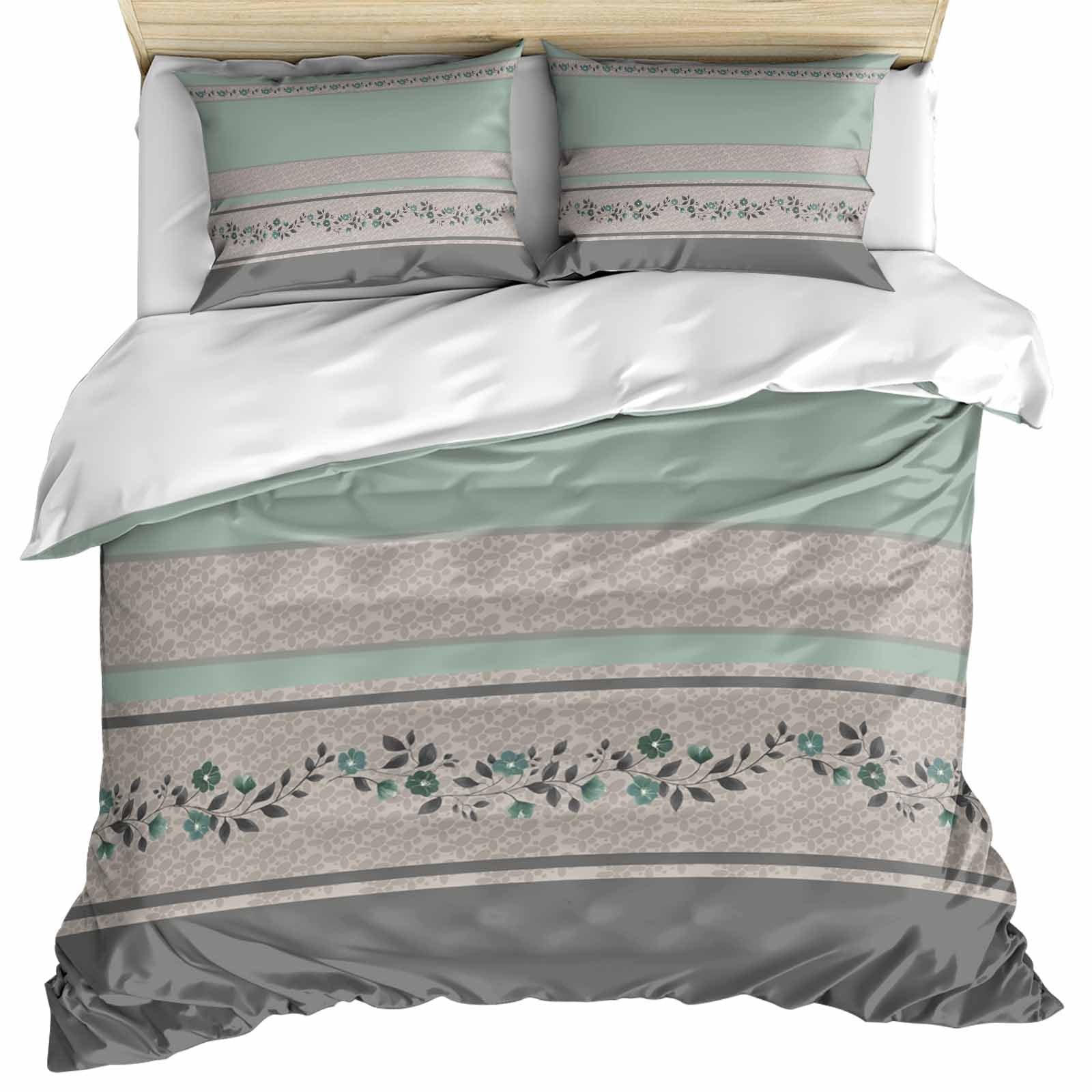 Turquoise Floral Bedding 3 Piece Duvet Cover Set Full Size, Modern Farmhouse Leaves Gray Striped Soft Microfiber Comforter Cover with Zipper Closure & Pillowcases, Wrinkle & FadeResistant Quilt Cover