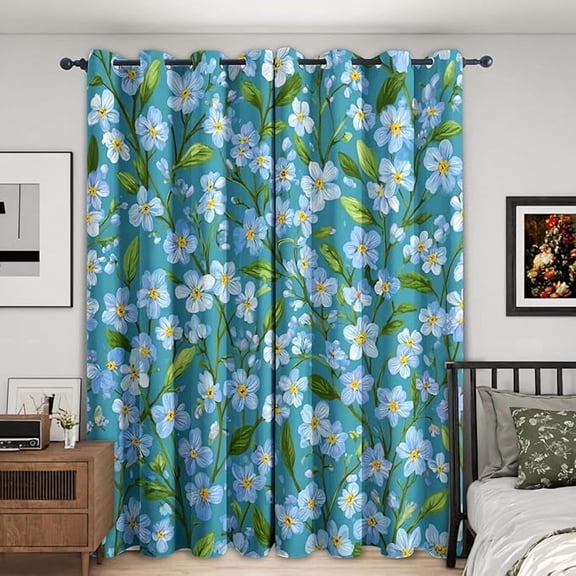 Turquoise Floral Blackout Curtains, Botanical Leaf Window Drapes for Home Decor, Bedroom, Living Room, Turquoise Floral Room Decor, Grommet & Thermal Insulated 26"W x 45"L (Pack of 2)